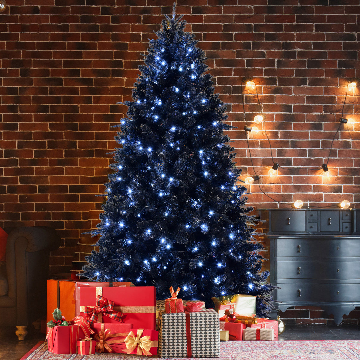 7.5ft Pre-Lit Black Christmas Tree, Full Halloween Xmas Artificial Tree 2156 Branch Tips, 500 Lights, Metal Hinges, Foldable Base, Holiday Decoration - Black