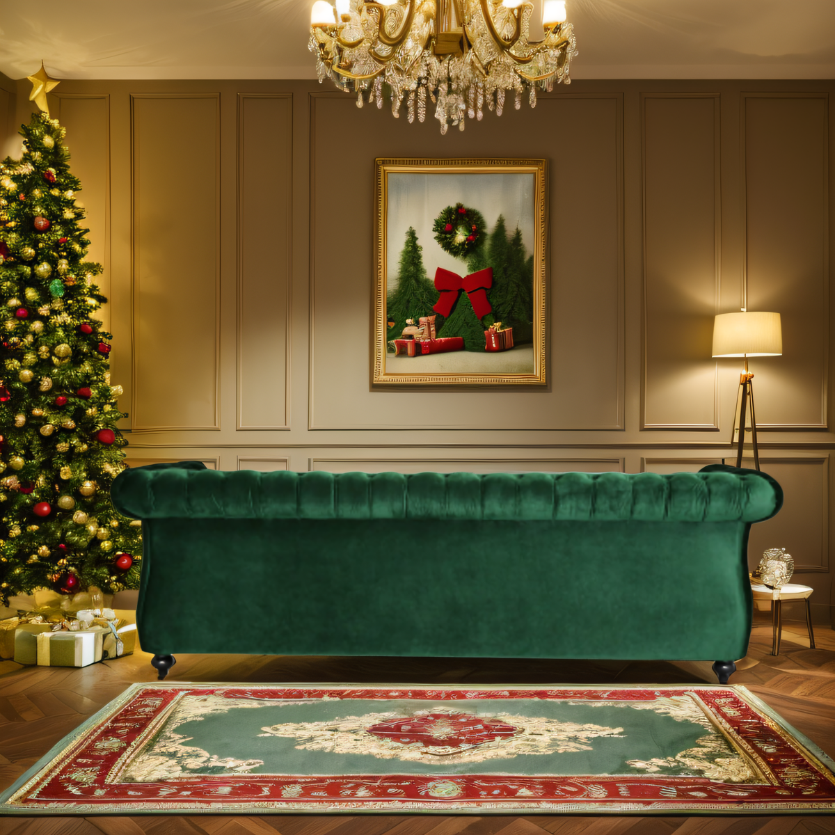 [SantaChoice] Durable 3-Seater Emerald Velvet Sofa, Combining Luxurious Comfort with Christmas Design, Perfect for Elegant Living Spaces, Featuring Plush Upholstery for Relaxation and a Touch of Sophisticated Style