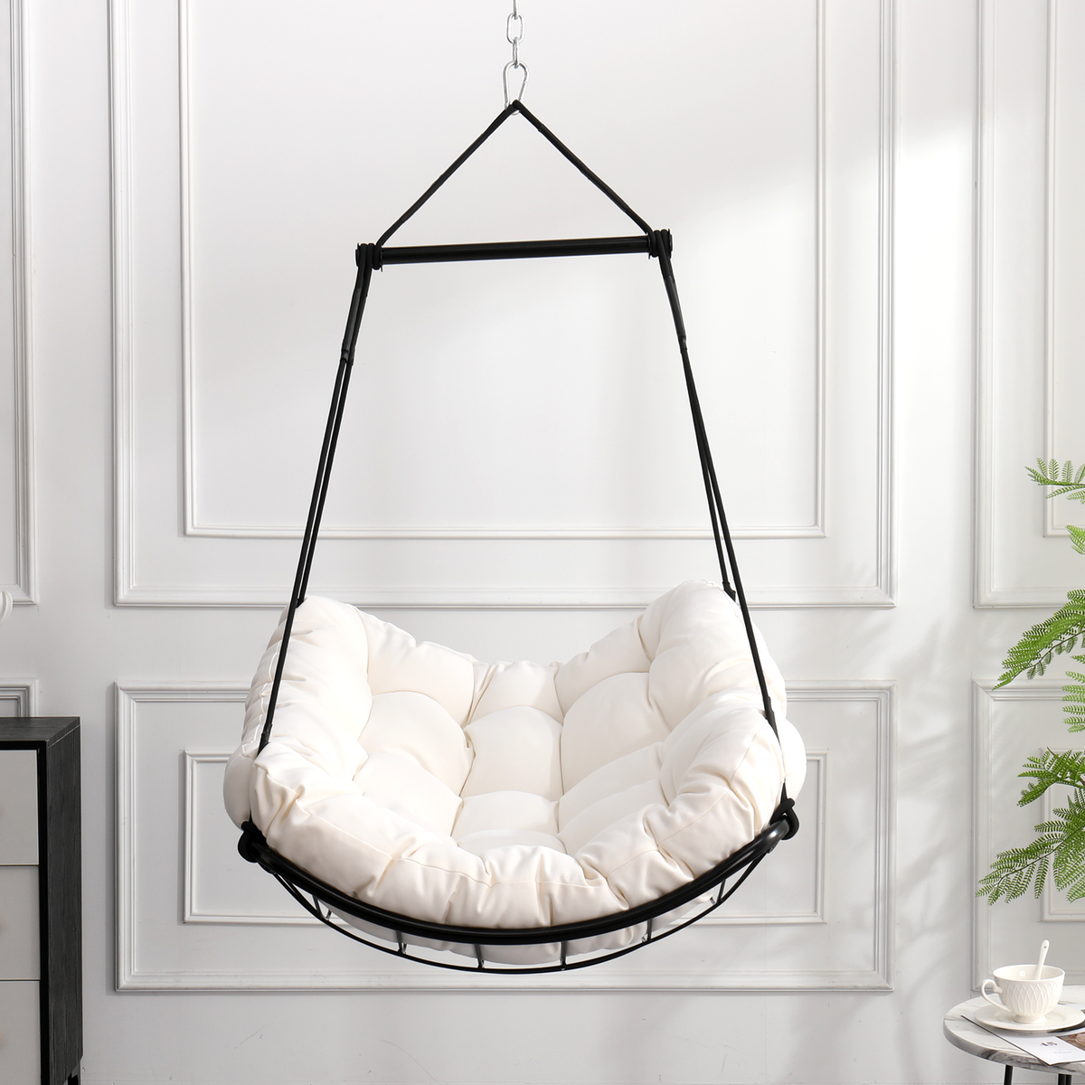 Hammock Chair Swing with Cushion - Outdoor Indoor Hanging Hammock Chair for Patio, Porch, Bedroom, Garden, Courtyard, Balcony - Sturdy Steel Bar with Anti-Slip Safety Rings, white