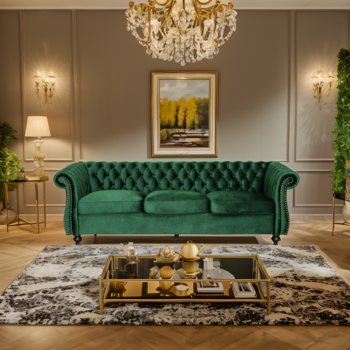 [SantaChoice] Durable 3-Seater Emerald Velvet Sofa, Combining Luxurious Comfort with Christmas Design, Perfect for Elegant Living Spaces, Featuring Plush Upholstery for Relaxation and a Touch of Sophisticated Style