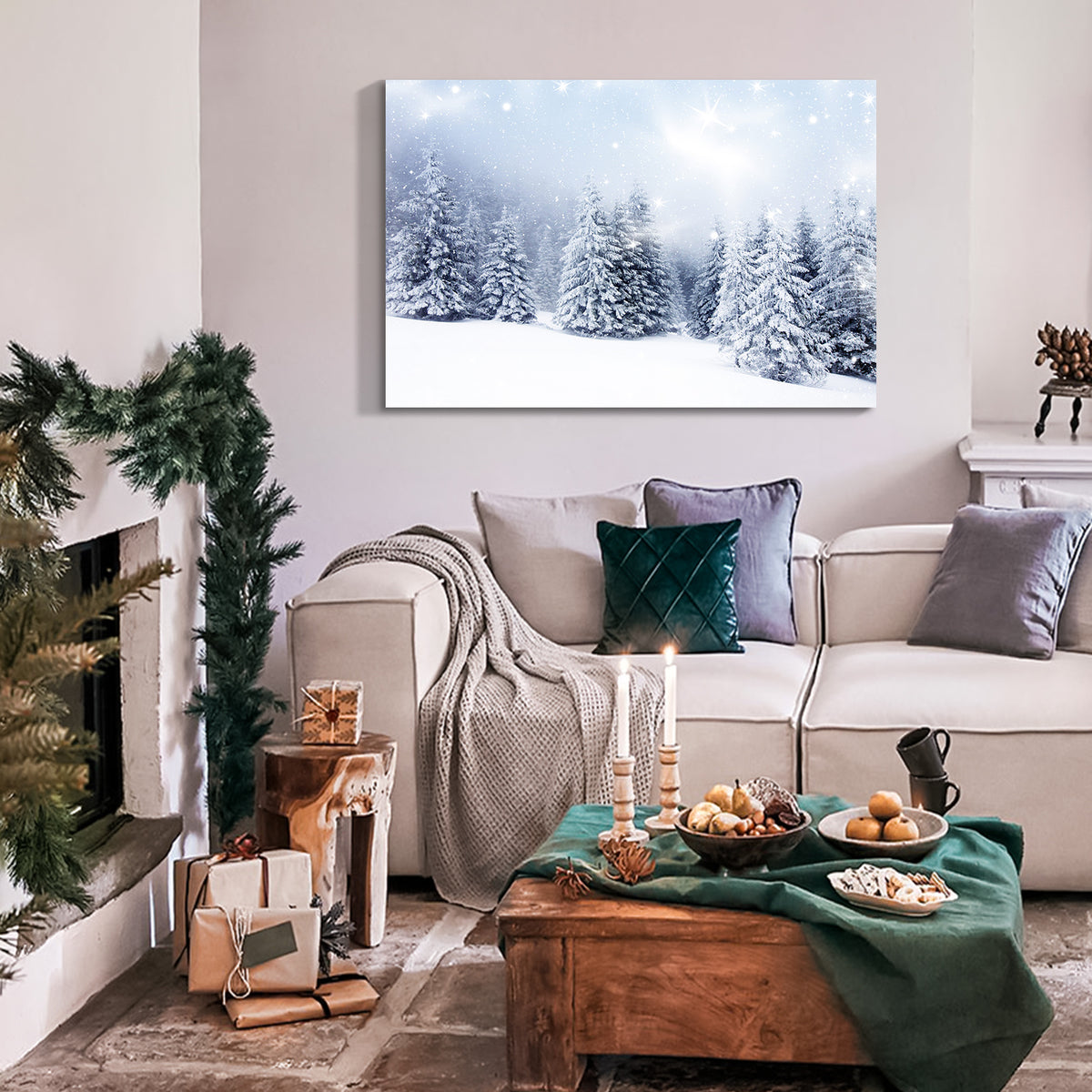 Framed Canvas Wall Art Decor Painting For Chrismas, Winter Pine Forest Chrismas Gift Painting For Chrismas Gift, Decoration For Chrismas Eve  Living Room, Bedroom Decor-3624in-Thickness 1.5inch