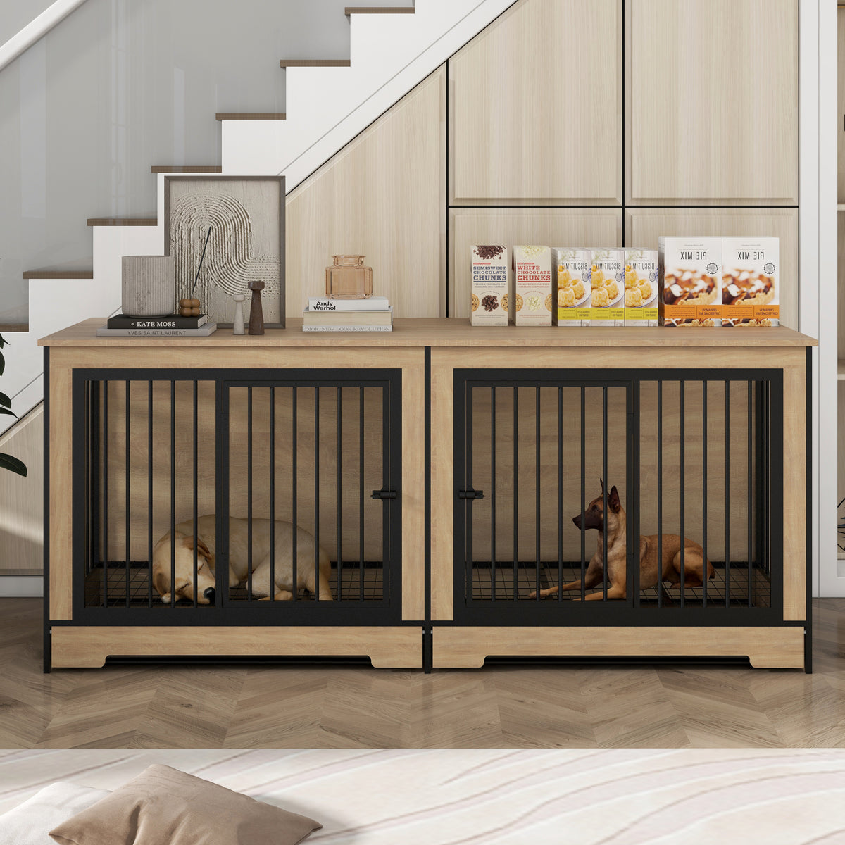 Dog Crate Furniture with Two Combined Room, XL Large Double Dog Cage Furniture with Tray for Medium Large Dogs, Wooden Dog Kennel Furniture