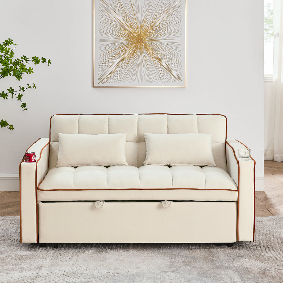 [SantaChoice] 55.51 inch versatile foldable sofa bed in 3 lengths, modern sofa sofa sofa velvet pull-out bed, adjustable back and with USB port and ashtray and swivel phone stand (Beige)