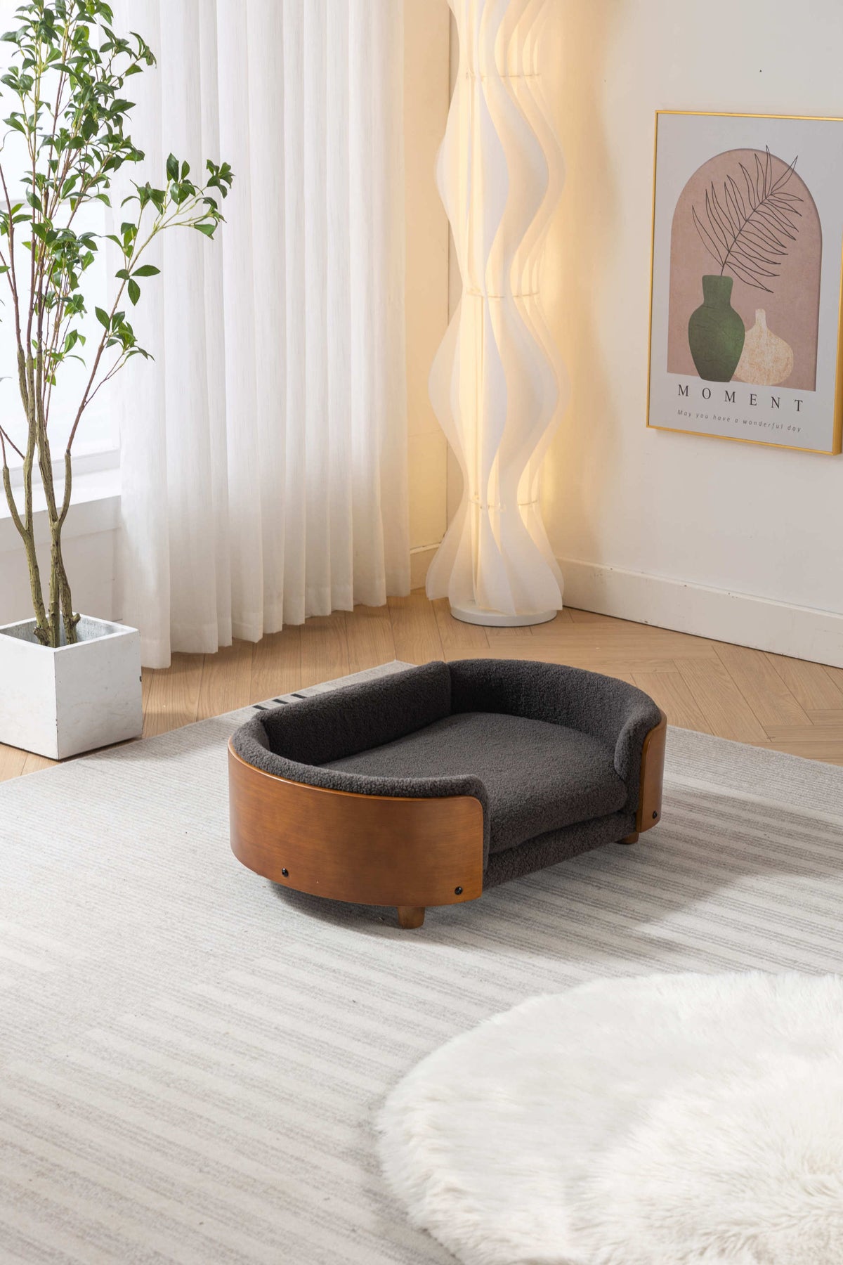 Scandinavian style Elevated Dog Bed Pet Sofa With Solid Wood legs and Walnut Bent Wood Back, Cashmere Cushion,Mid Size