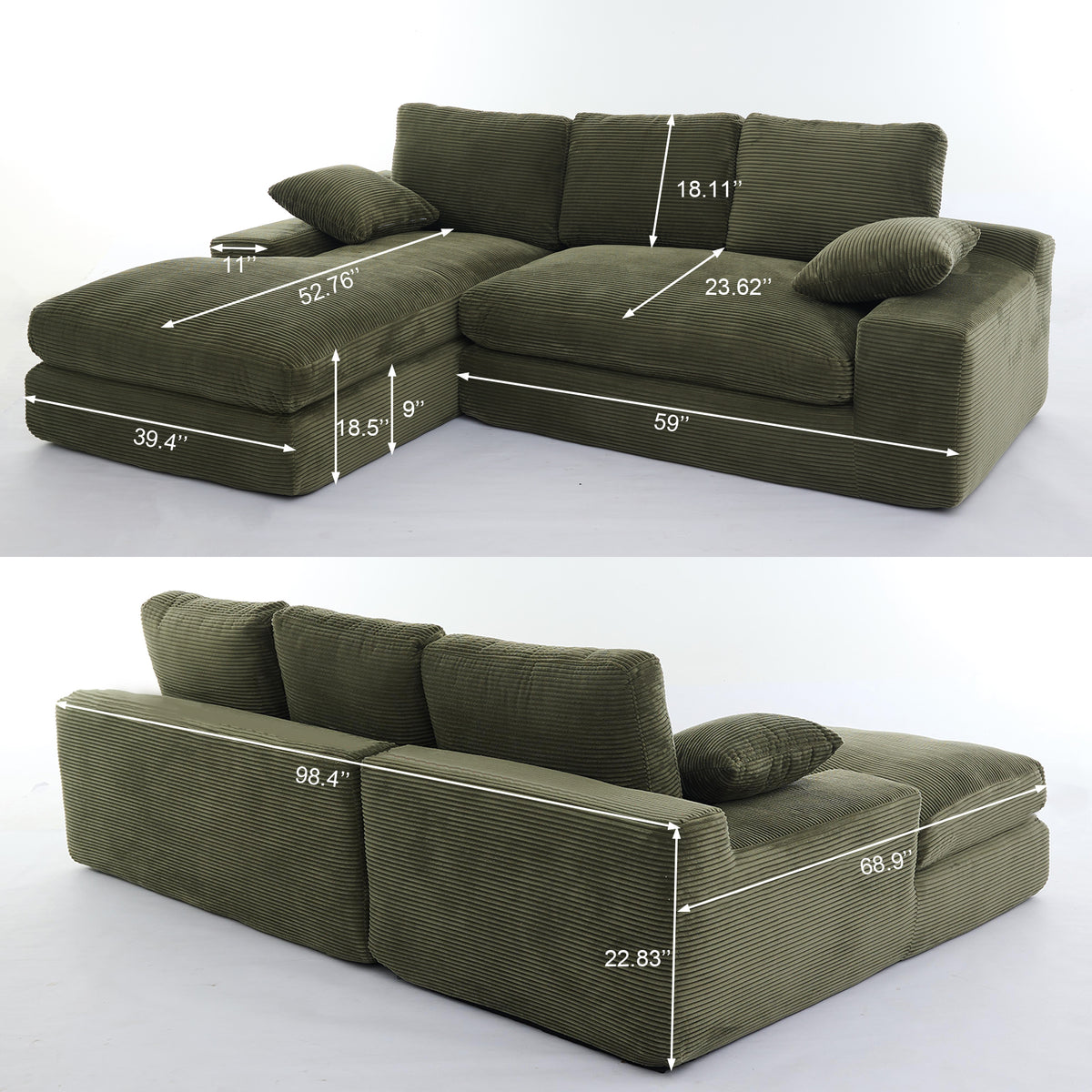 [SantaChoice] 99*69" Modular Sectional Living Room Sofa Set, Modern Minimalist Style Couch, Upholstered Sleeper Sofa for Living Room, Bedroom, 2 PC Free Combination, Installation-free Sofa, L-Shape, Army Green