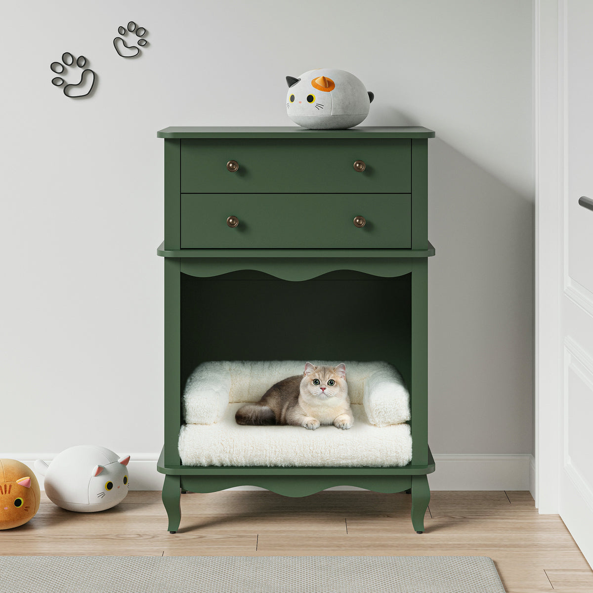 Pet Storage Cabinet with Wall Mounted Cabinet, 2 Drawers and Semi-Open Space, Hidden Cat Litter Box, Multi-Functional End Table-Green