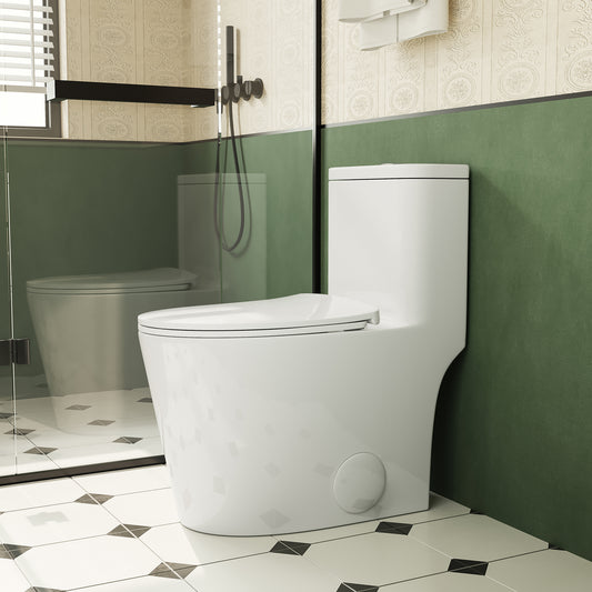 1.1/1.6 GPF Elongated Comfort Height Floor Mounted One-Piece Toilet ,  CUPC Certified, WaterSense Cetified, Ceramic, White Color, Soft Close Seat