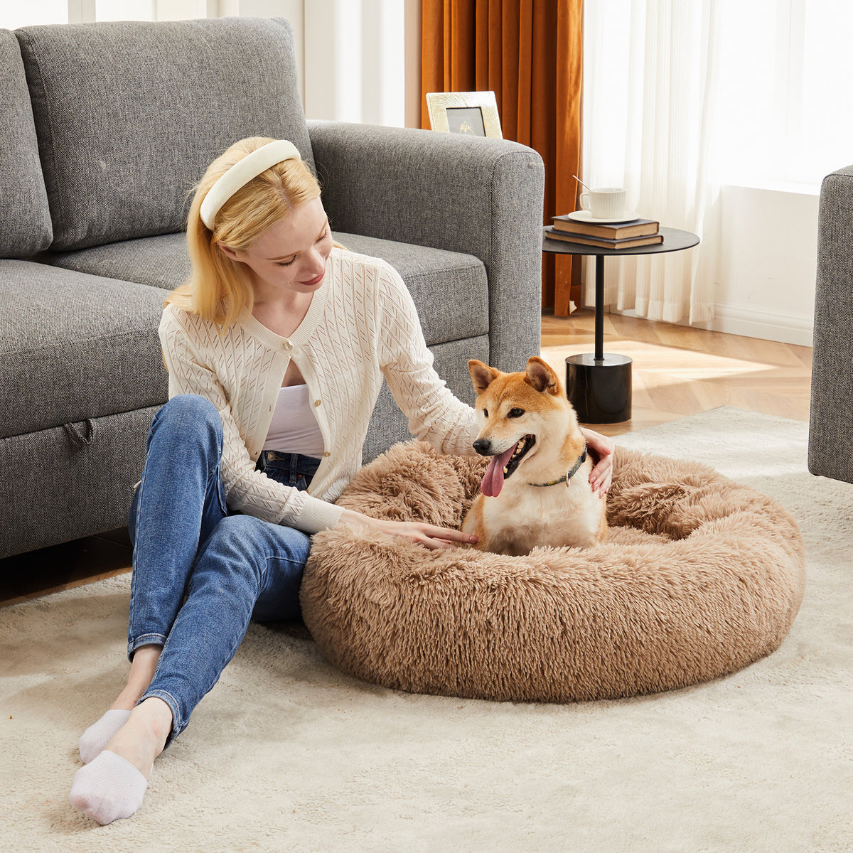 Anti-Slip Round Fluffy Plush Faux Fur Cat Bed, medium  Brown
