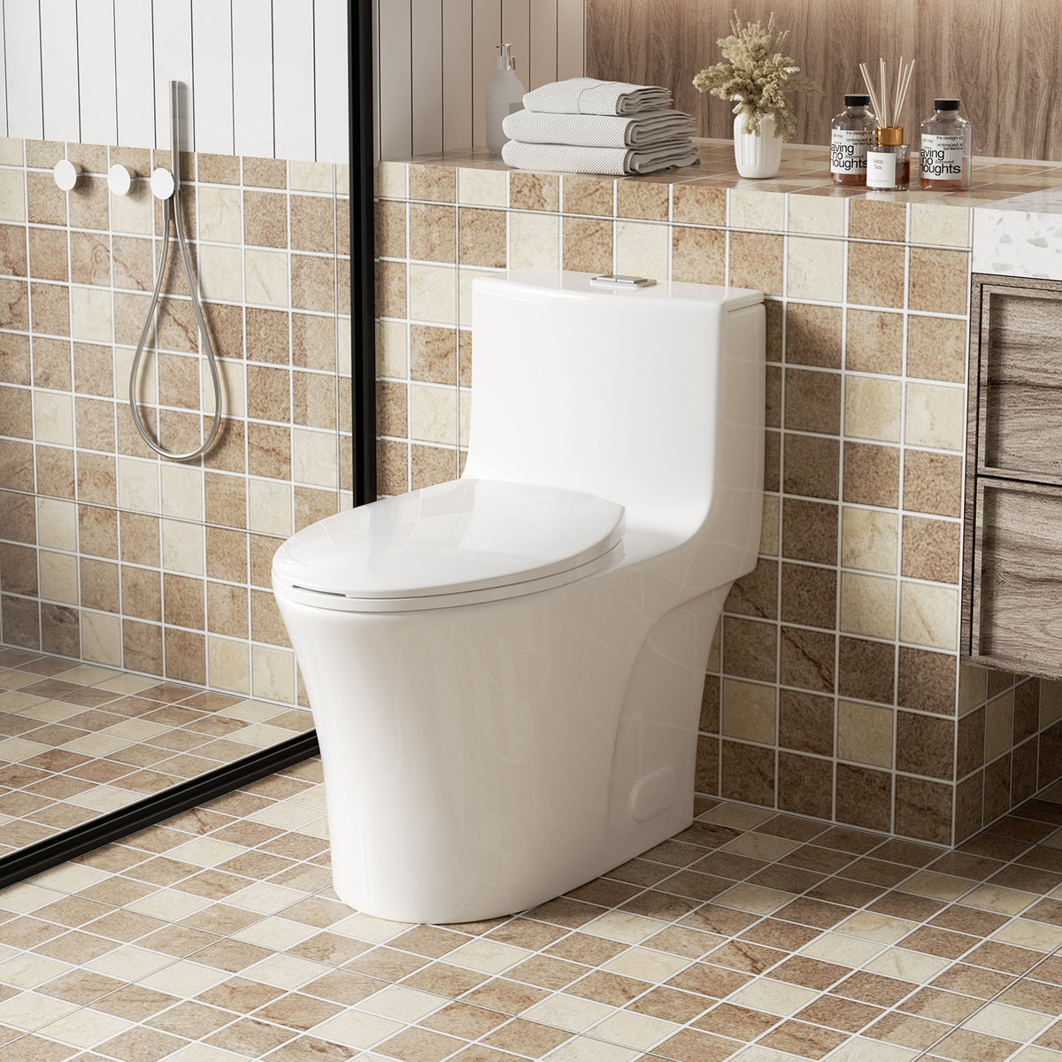 1.1/1.60 GPF Dual-Flush One Piece Toilet,Button on Tank top S-trap, Water-Saving Elongated Comfort Height Floor Mounted, Soft Closing Seat,1000 Gram Map Flushing Score Toilet, Gloss White GW-002