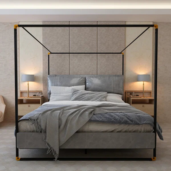 Double Backrest Upholstered Canopy Bed - Gray Faux Leather - QN