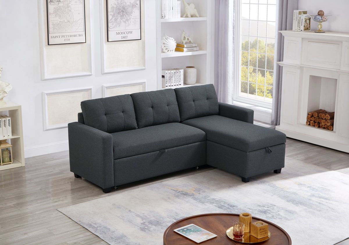 [SantaChoice] Upholstered Pull Out Sectional Sofa with Storage Chaise, Convertible Corner Couch, Dark Grey