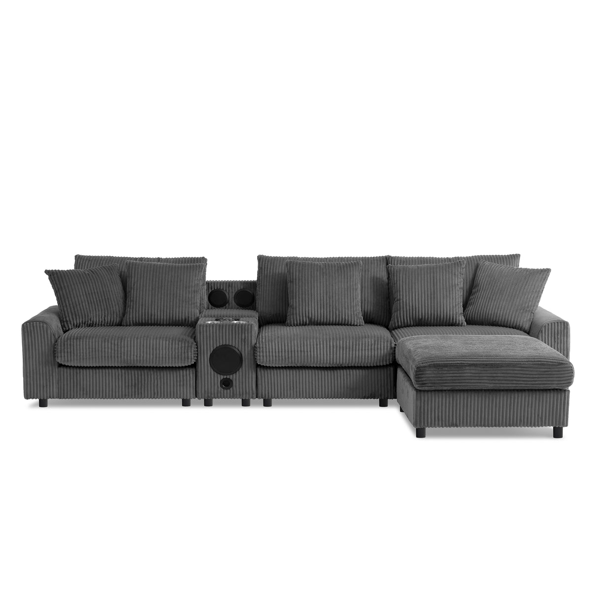 [SantaChoice] 114*64'' Corduroy Sectional Sofa with Bluetooth Speakers,L Shaped Couch with Console,USB Charger,Cup Holders,Storage,Ottoman,Deep and Wide Seat Cloud Sofa for Living Room,Apartment,2 Colors