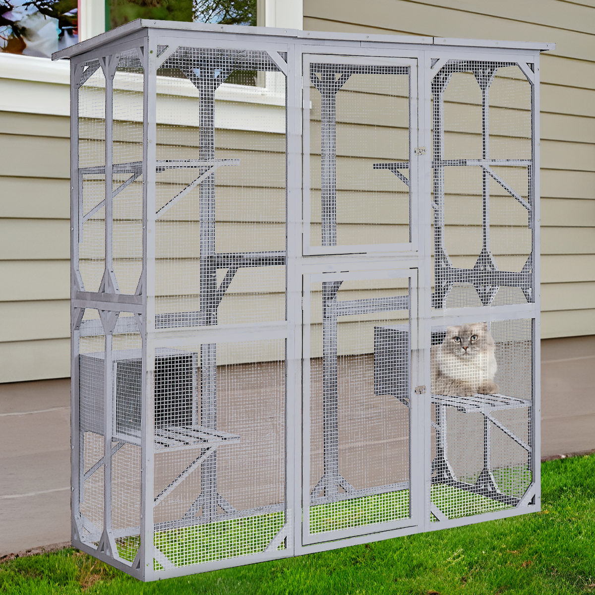 Catio Outdoor Cat Enclosure with Roof 72" Height Cat Wooden House Large Cat Cage with 3 Jumping Platforms and 2 Napping Houses for Cat Activity (Grey)