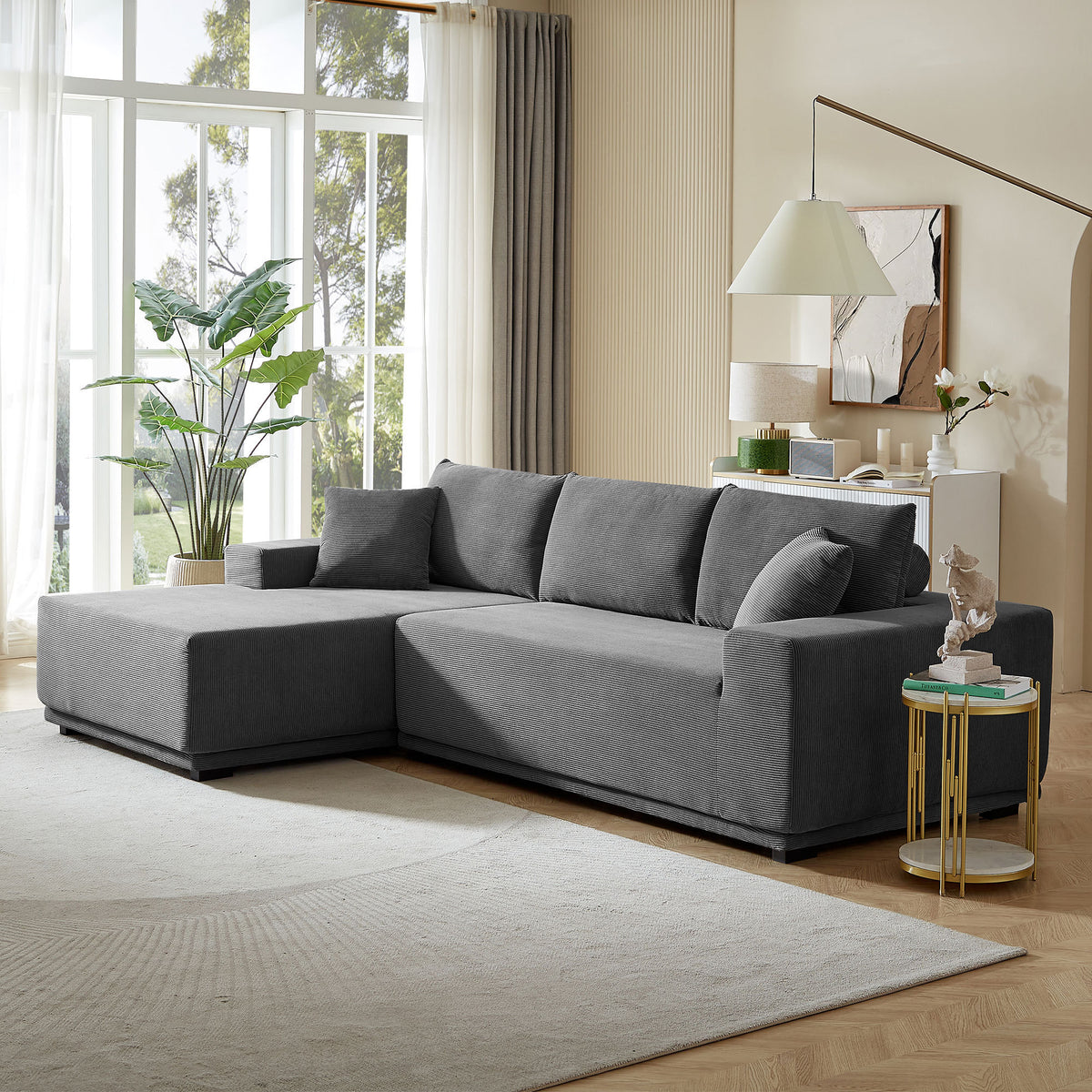 [SantaChoice] Sectional Couch Covers 2 pcs L Shape Sectional Sofa corduroy Couches for Living Room, Bedroom, Salon, 2 PC Free CombinationIncluding bottom frame . Grey
