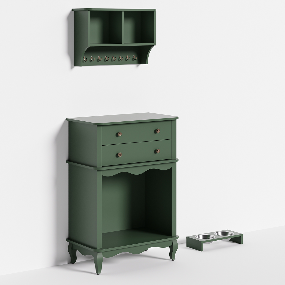Pet Storage Cabinet with Wall Mounted Cabinet, 2 Drawers and Semi-Open Space, Hidden Cat Litter Box, Multi-Functional End Table-Green