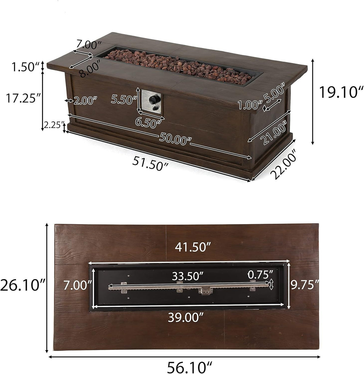 56'' Rectangular Outdoor MGO 50,000 BTU Propane Fire Pit, Brown Wood Pattern (Tank Cover not Included)