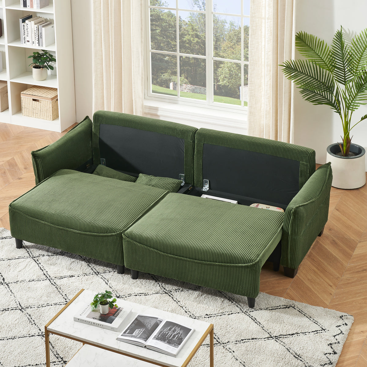 [SantaChoice] Sofa Showcasing Green Corduroy Fabric, Transformable into Sofa Bed with Two Throw Pillows: Ideal for Living Rooms & Diverse Scenes