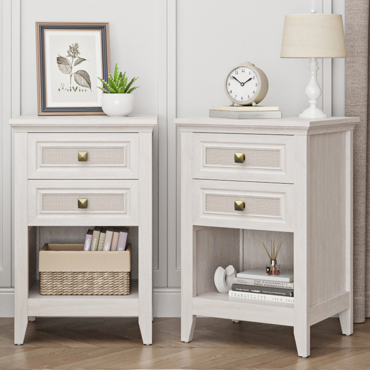 Farmhouse Nightstand, Boho Bedside Table with 2 Rattan Decor Drawers, Accent End Table with Open Storage Shelf