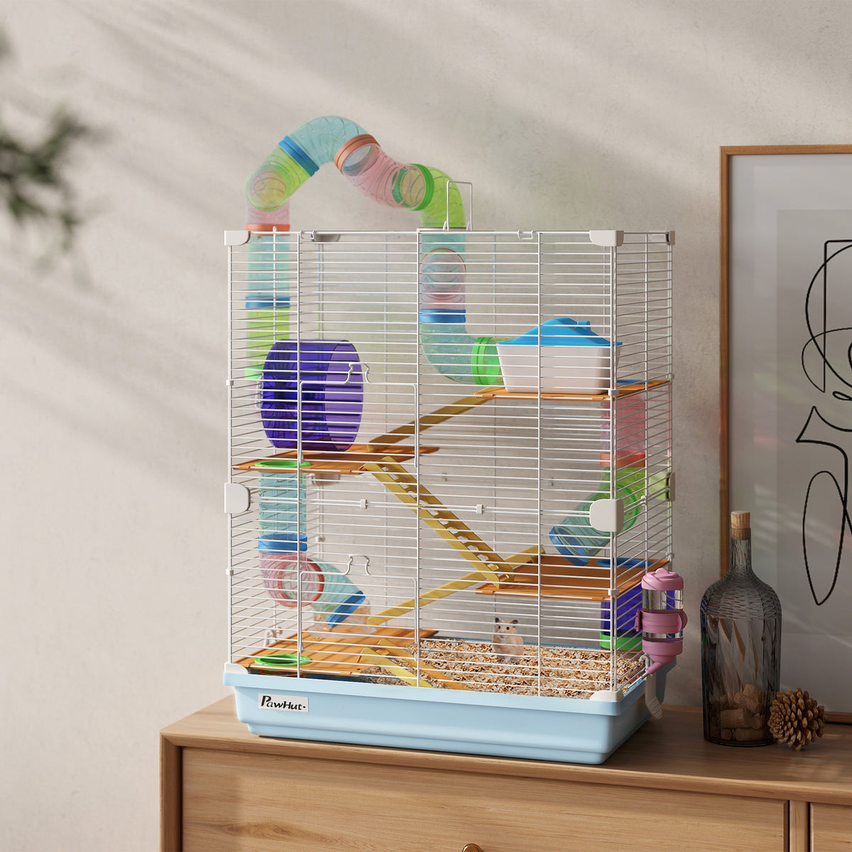 PawHut 18" 5 Tier Hamster Cage with Tubes and Tunnels, Small Animal Cage with Portable Carry Handle, Gerbil Cage with Water Bottle, Food Dish, Exercise Wheel, Light Blue