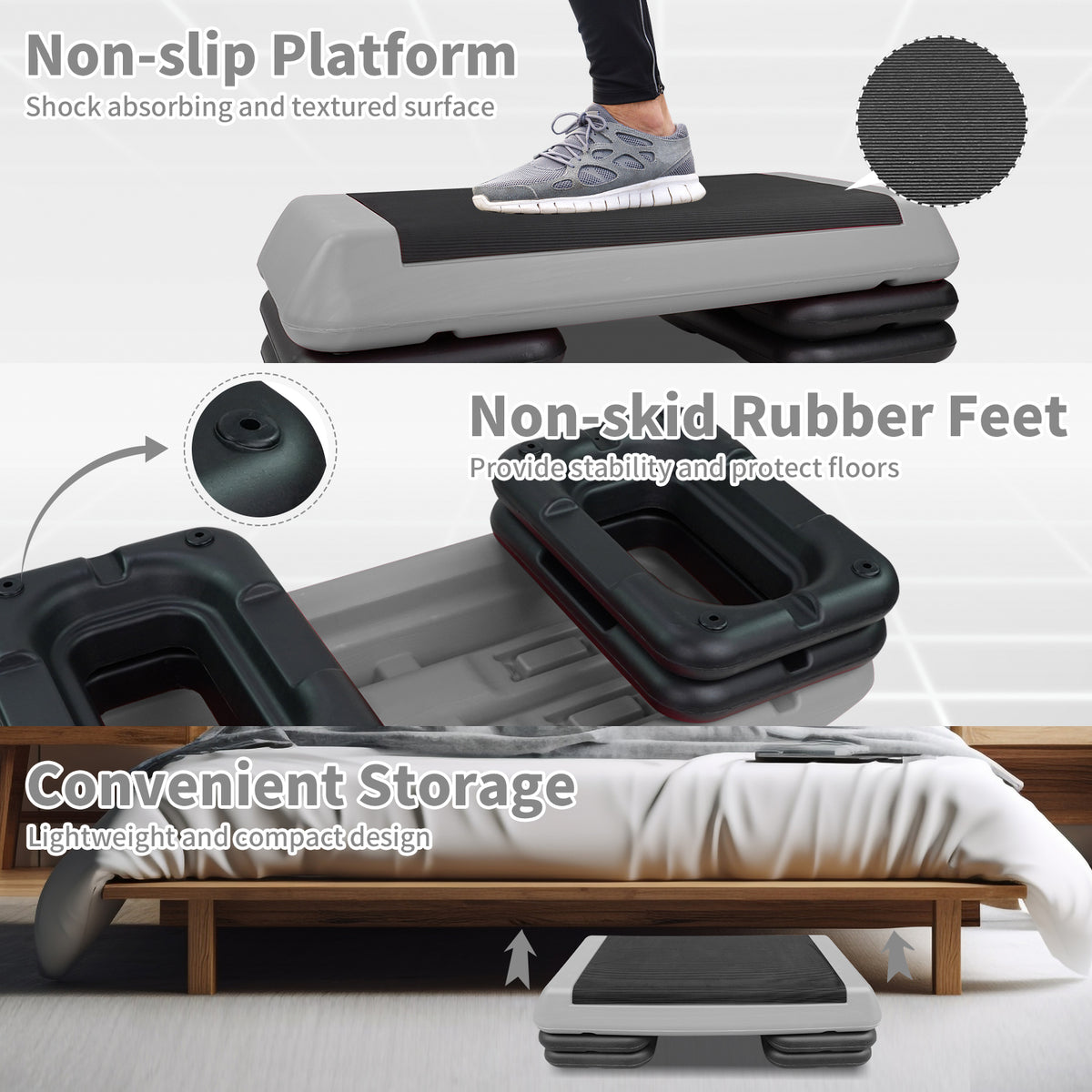 The Grey Aerobic Step Platform with 4 Risers Adjustable, Health Club Size Steppers for Exercise with risers for adjustable Home Workout, stair stepper for exercise and home gym