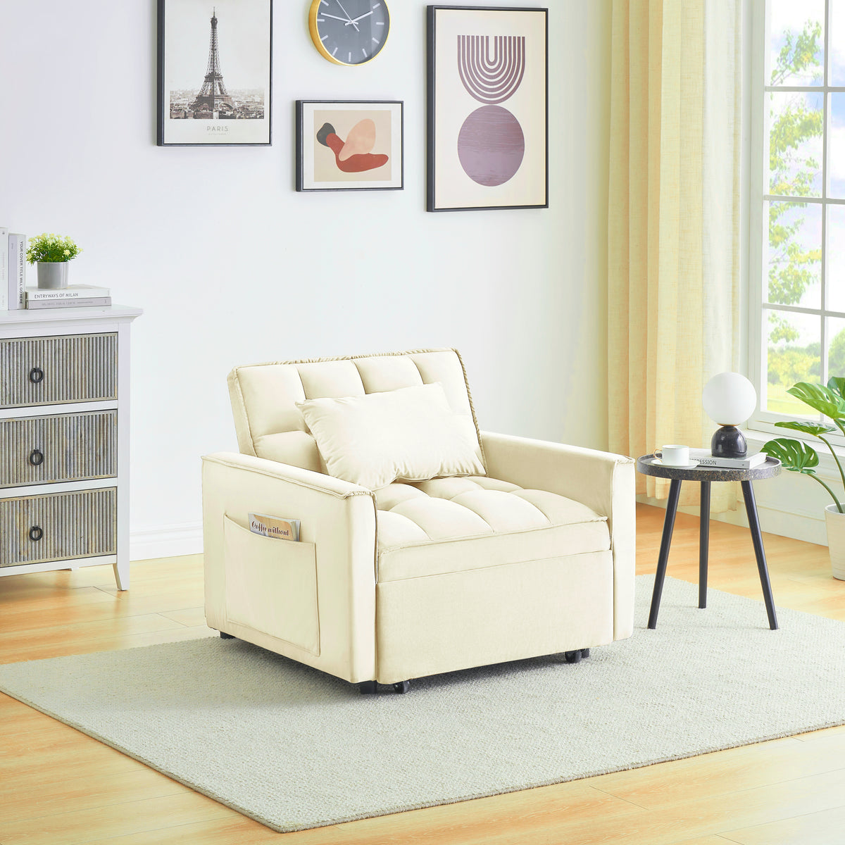 [SantaChoice] Sofa bed chair 3 in 1 convertible, recliner, single recliner, suitable for small Spaces with adjustable back black creamy white