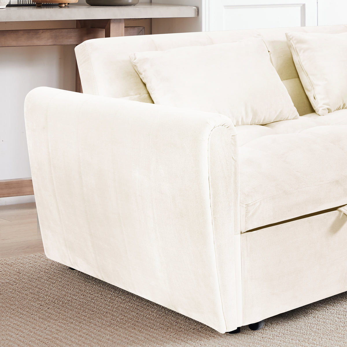 [SantaChoice] 64.9"3-in-1 foldable large size sofa bed, modern velvet double sofa, sofa bed with adjustable back, storage bag and pillow, suitable for living room, bedroom (beige)