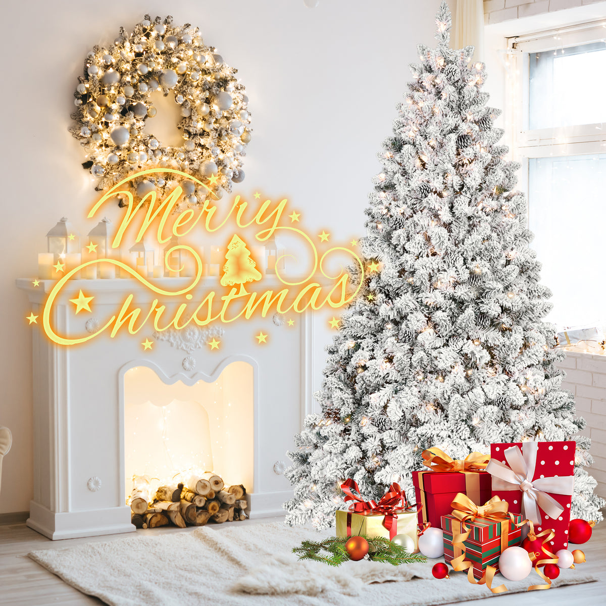 7.5ft Snow-Flocked Artificial Christmas Tree with Pine Cones, Prelit Xmas Trees, Hinged Easy Assembly & Reinforced Metal Base - Ideal for Indoor & Outdoor Festive Decorations