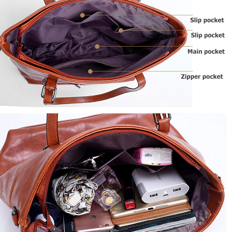 4Pcs Women Vintage Handbag and Purse Leather Tote Shoulder Bag Large Satchel Top Handle Work Bag Set