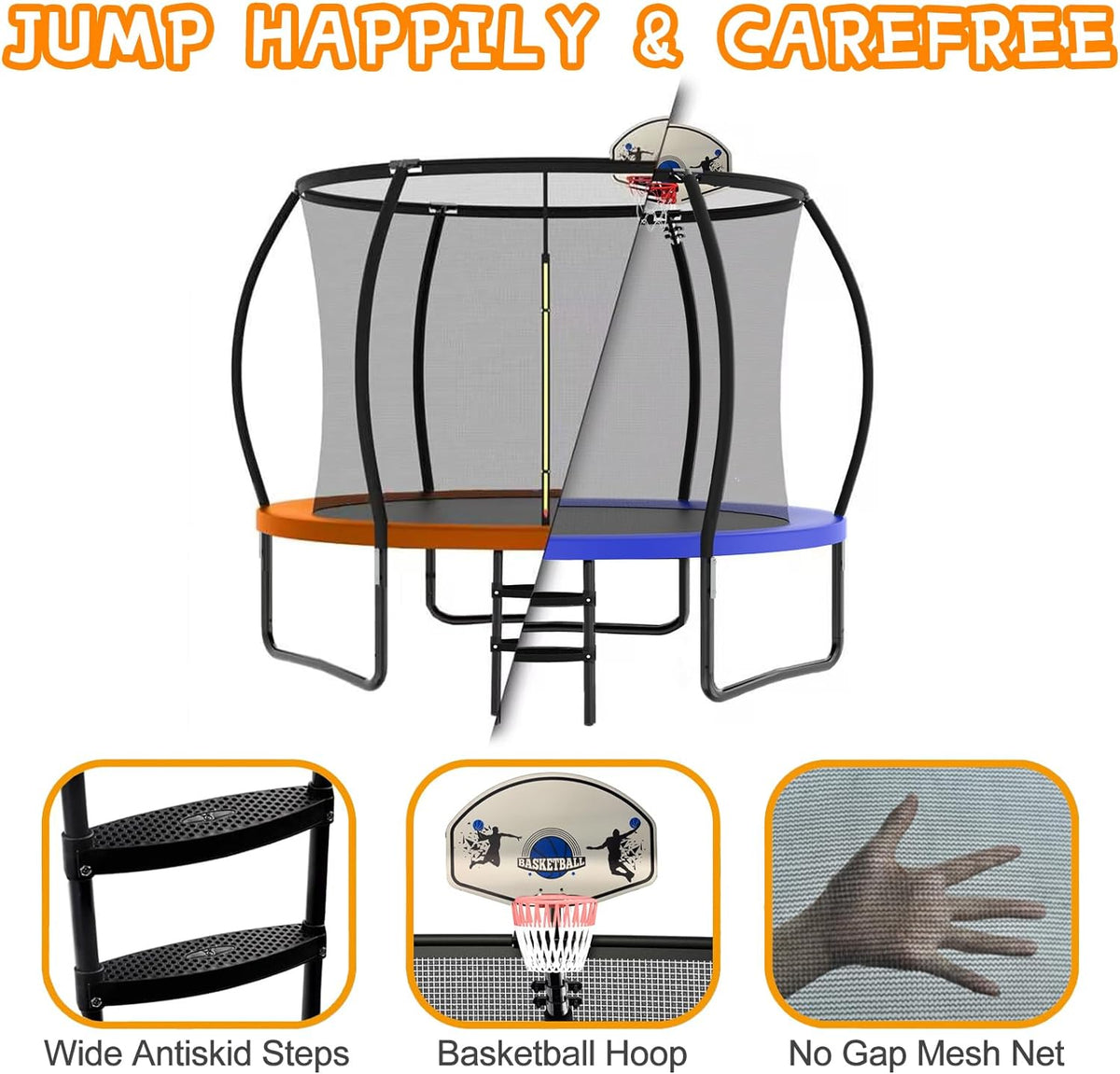 Trampoline 16FT, 12FT, 10FT, Recreational Trampolines with Enclosure Net and Ladder, Outdoor Anti-Rust Trampolines for Kids and Adults, ASTM Approved, Trampoline Outdoor with Basketball Hoop, Ladder, Rebounder Trampoline for Kids Adults with Enclosure Net
