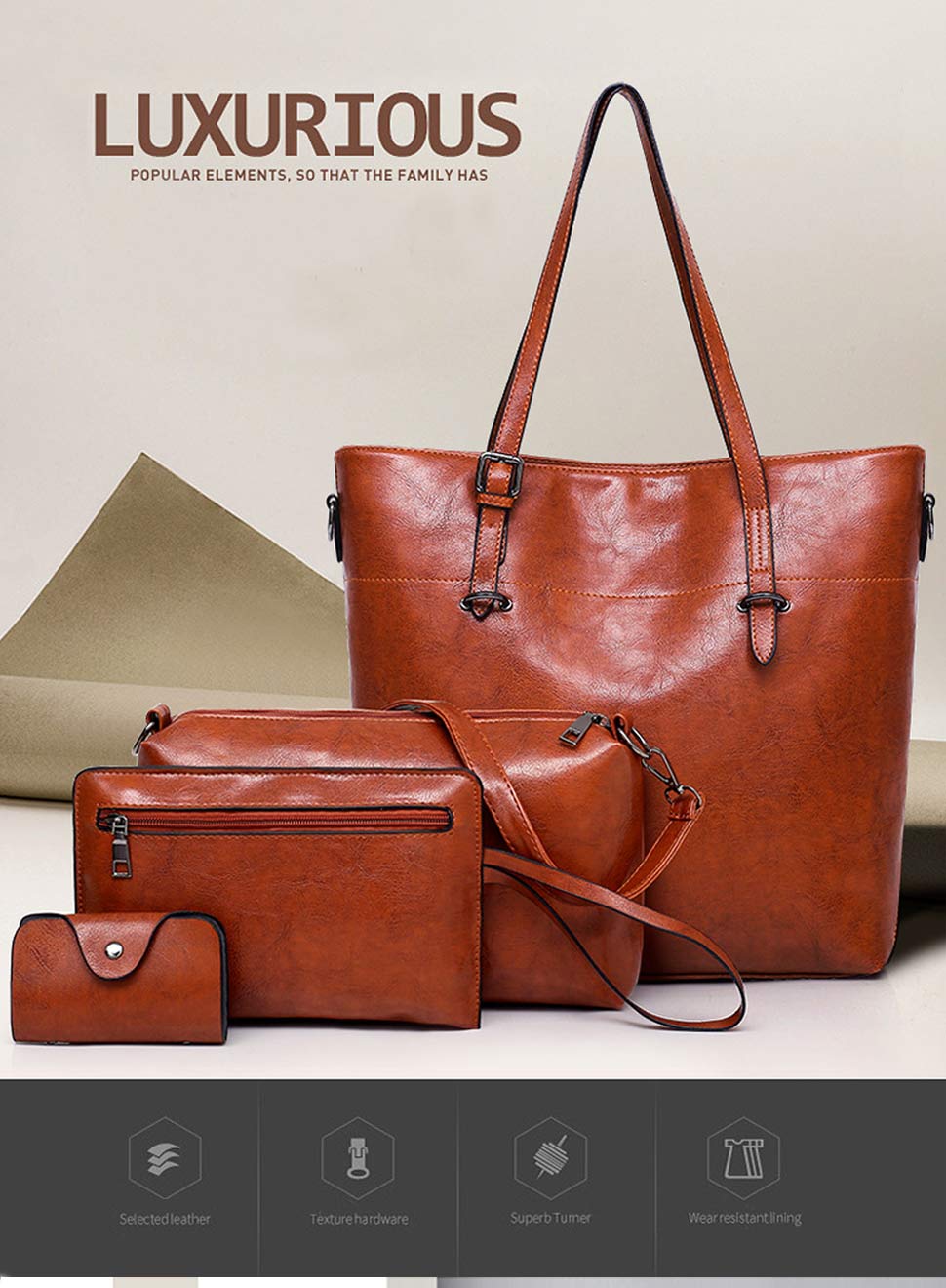 4Pcs Women Vintage Handbag and Purse Leather Tote Shoulder Bag Large Satchel Top Handle Work Bag Set